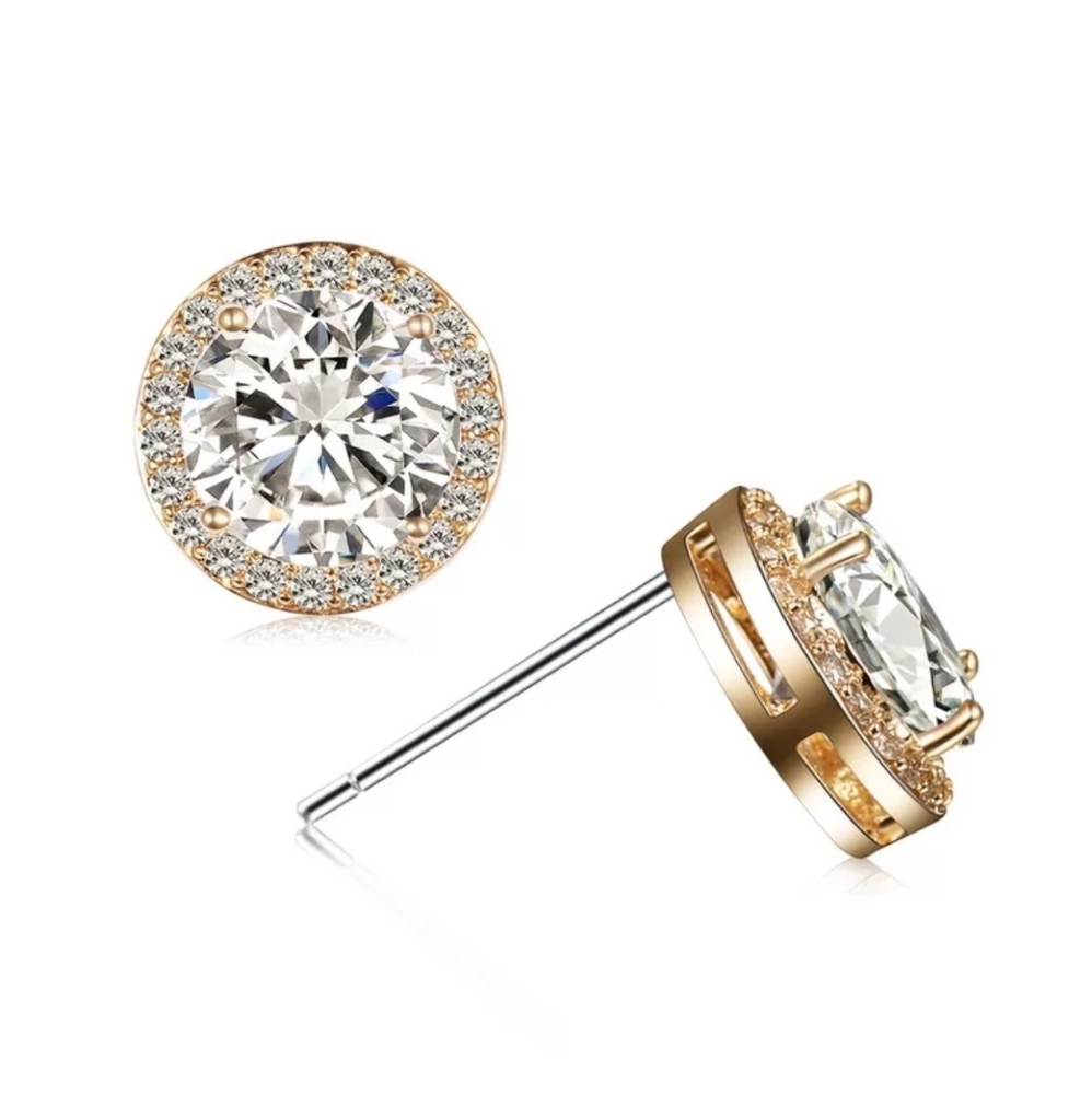 SALE New Gold Halo Round Cut Studs - Picture 4 of 5